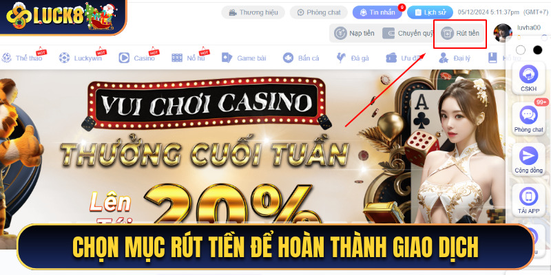 Chọn mục Rút tiền ngay trên trang chủ để thực hiện giao dịch